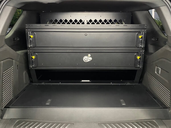 Premium 2-Drawer Package with Push-Button Lock & Trunk Trays for 2021-2026 Chevrolet Tahoe with Havis K9-XL or K9-PT