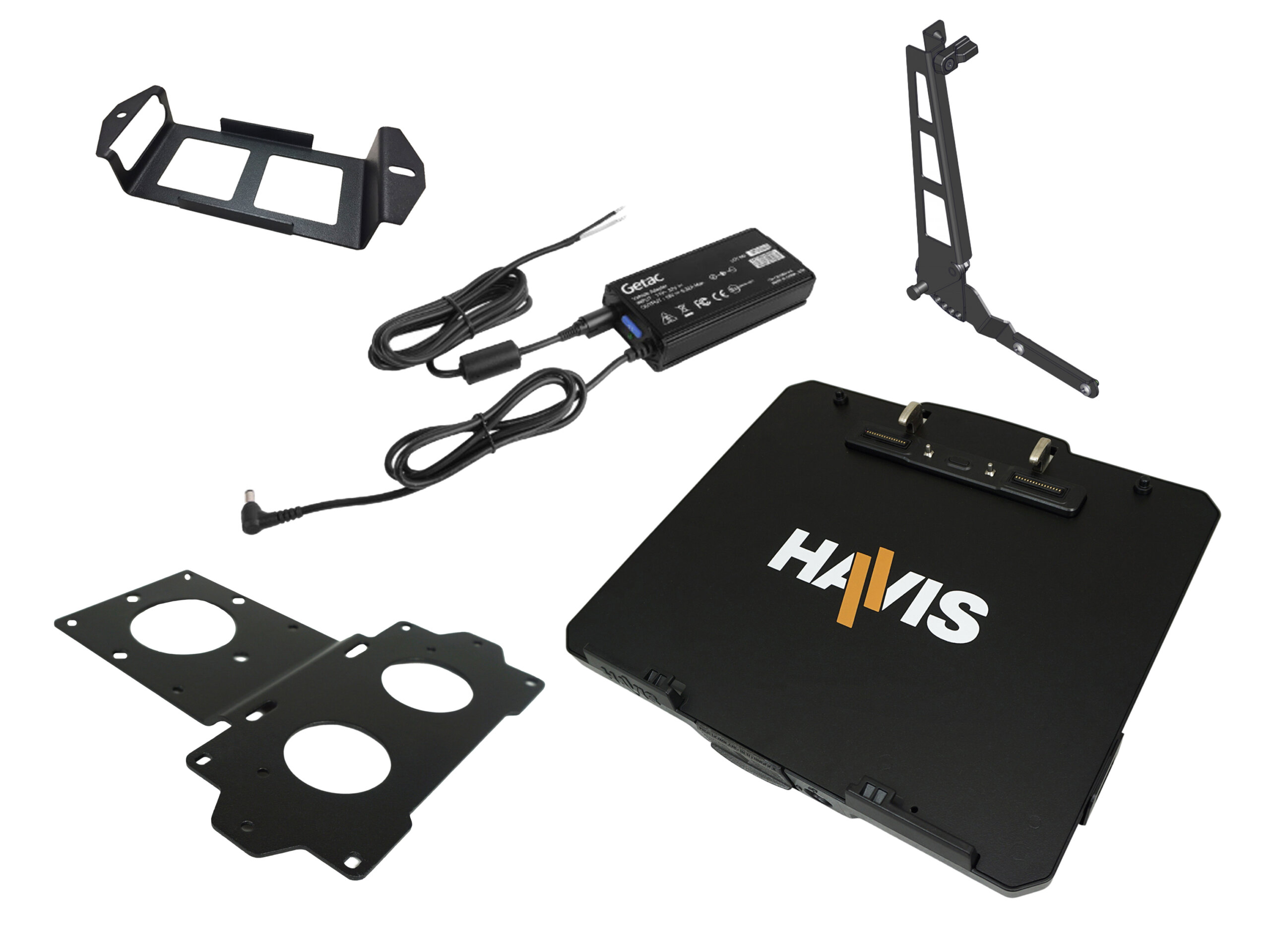 Package – Docking Station For Getac K120 Convertible Laptop With Triple Pass-Thru Antenna Connections, External Power Supply with Bare Wire, Power Supply Mounting Bracket & Screen Support