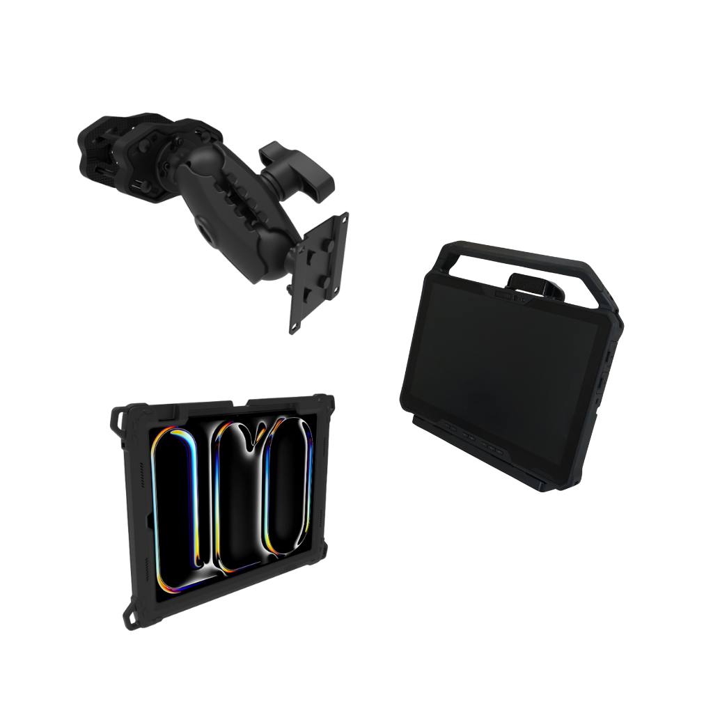 This image shows a selection of Havis products for use in warehouse applications. It shows a rugged mount for poles/forklifts, a tablet case for iPad, and a rugged docking station.